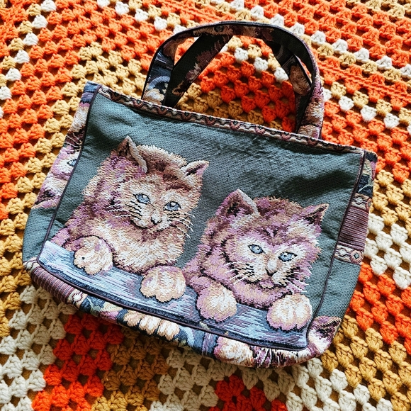 Vintage Handbags - Vintage Cat Tapestry Small Handbag Mini Tote Bag 80s 90s Y2K
